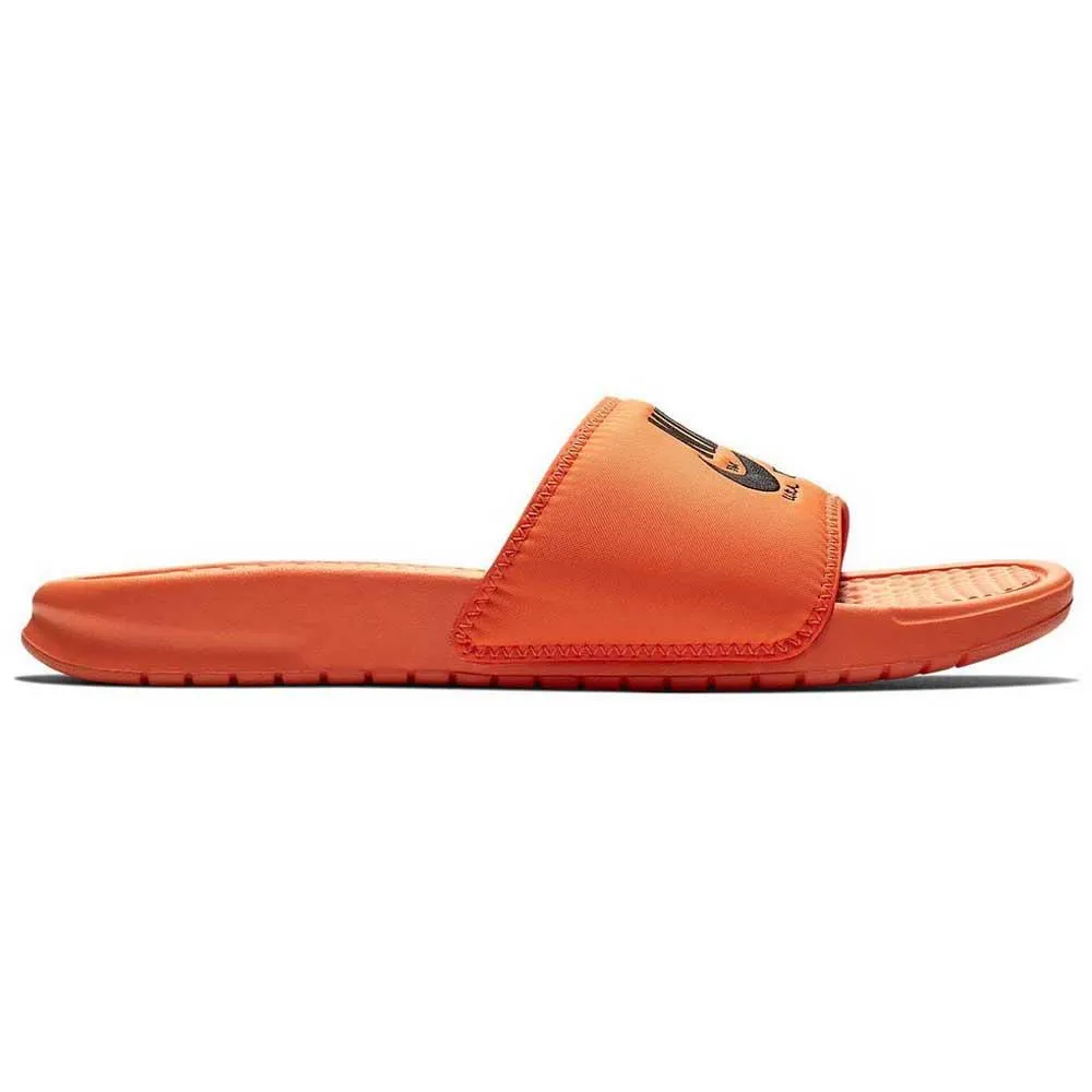 orange just do it nike slides