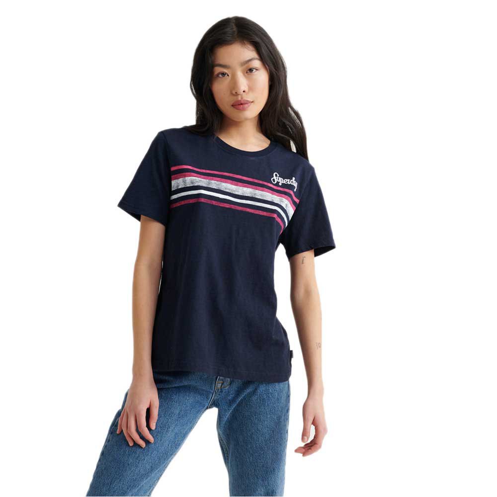 Femme Superdry T-Shirt Manche Courte Retro Stripe Deep Navy