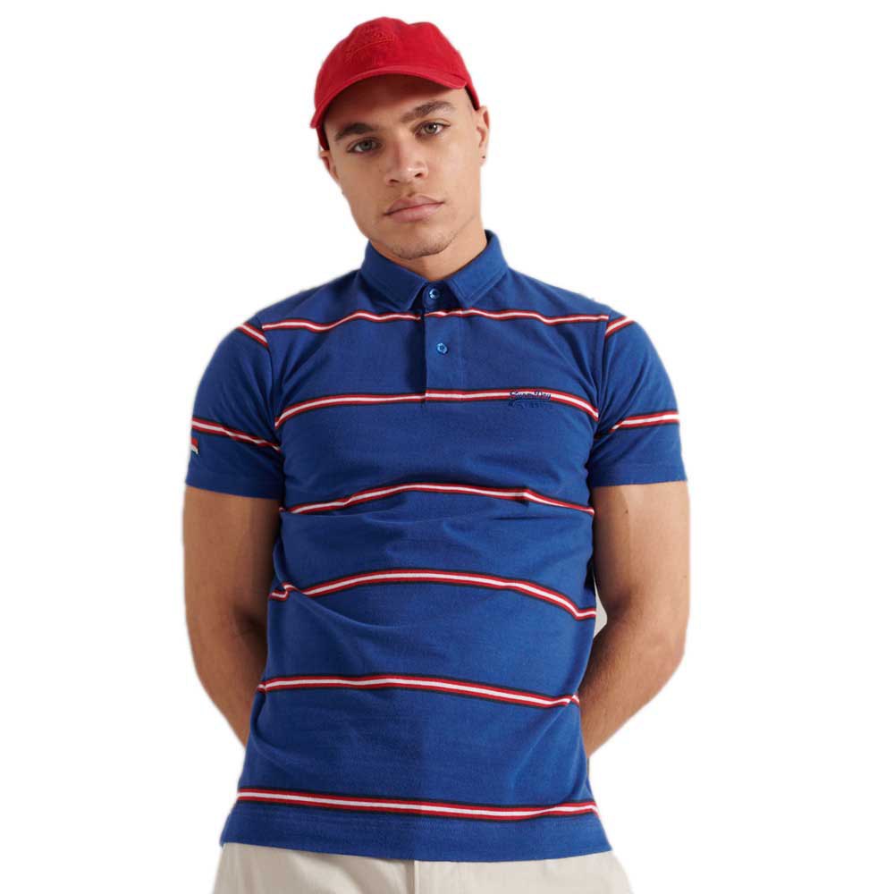 Men Superdry Academy Stripe Short Sleeve Polo Shirt Blue