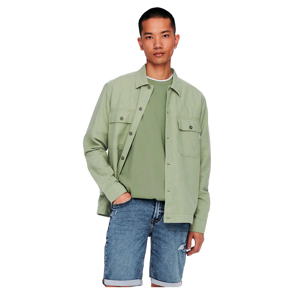 Shirts Only & Sons Long Sleeve Kennet Life Linen Overshirt Green