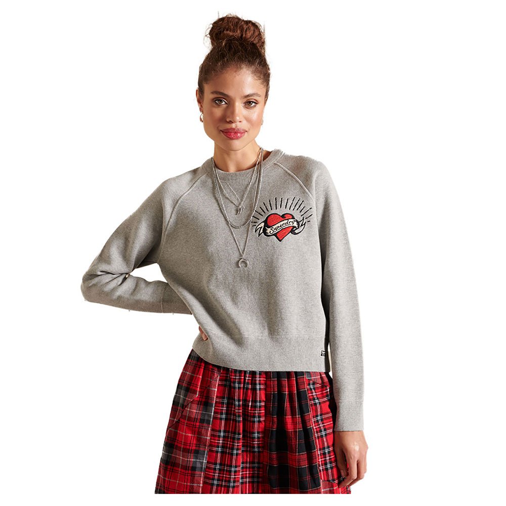Women Superdry Embroided Cotton Crew Sweater Grey