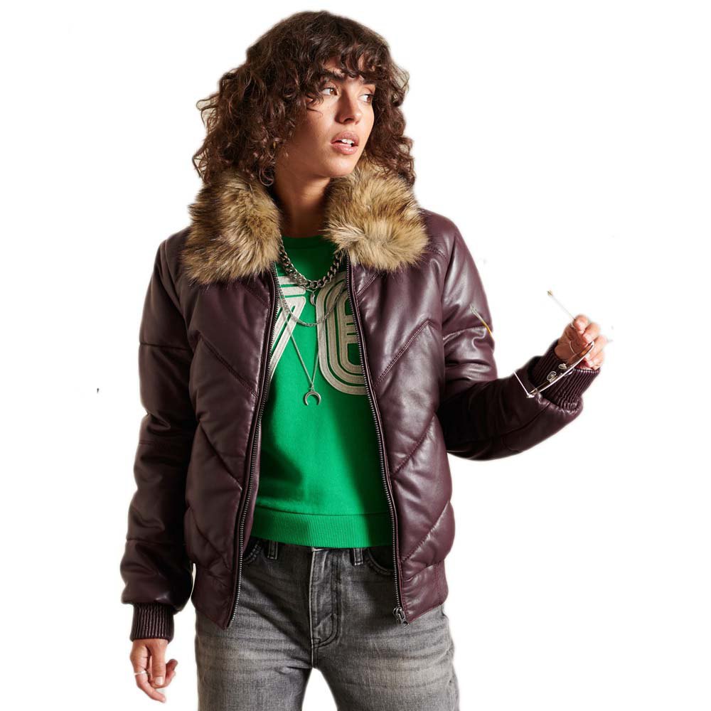 Women Superdry Heritage Leather Puffer Coat Purple
